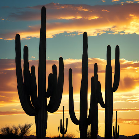 Silhouette of Saguaro cactuses at sunset in Arizonaの素材