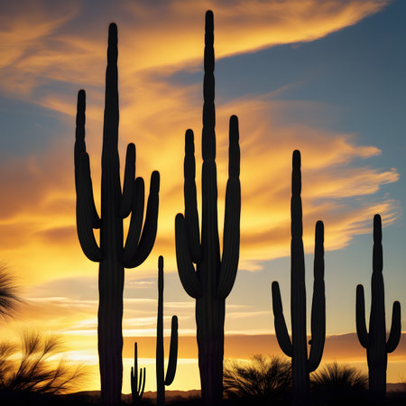 Saguaro cactuses at sunset in Arizona, USA.の素材