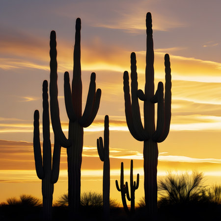 Saguaro cactuses at sunset in the Arizona desert.の素材