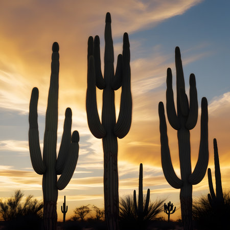 Silhouette of Saguaro cactuses at sunset.の素材