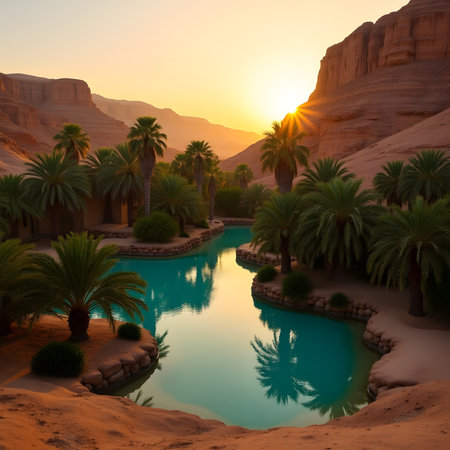 Fantasy landscape with lake and palm trees in Petra, Jordan.の素材