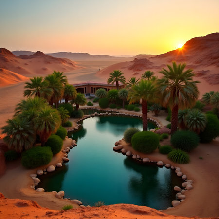 Oasis in the desert with palm trees and lake at sunset.の素材