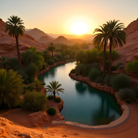 Sunset over a small lake in the desert. 3d renderの素材