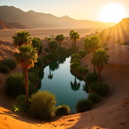 Sunset in the desert with palm trees and river. 3d renderingの素材