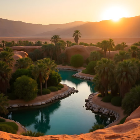 Landscape of the desert in Egypt with palm trees and pond.の素材