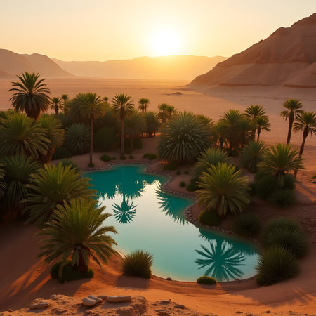 Sunset in the desert with palm trees and pond. 3d renderの素材