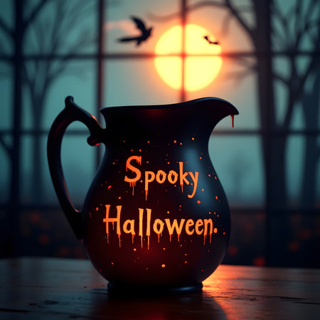 Halloween potion in a clay jug on a spooky forest backgroundの素材