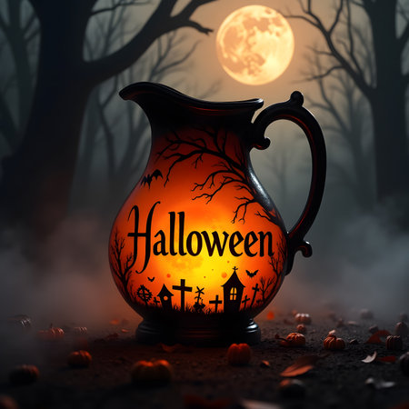 Halloween magic potion in cauldron with glowing lights. Halloween backgroundの素材