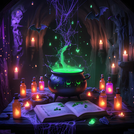 Halloween magic potion in cauldron with glowing lights on dark backgroundの素材