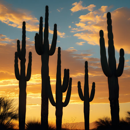 Silhouette of Saguaro cactuses at sunset in Arizonaの素材