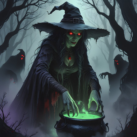Halloween witch with cauldron in the forest. 3D renderingの素材