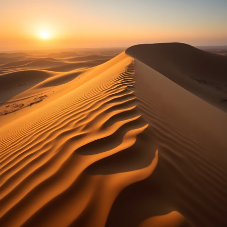Sunrise over sand dunes in the Sahara desert, Morocco.の素材