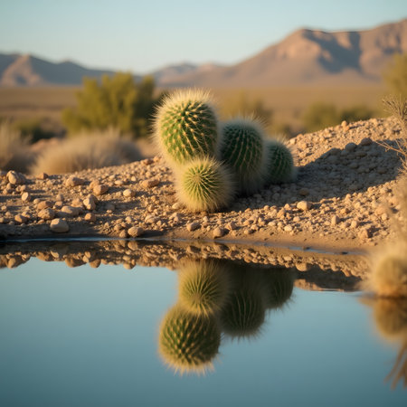 Cactuses reflected in the water in the desert of Arizona.の素材