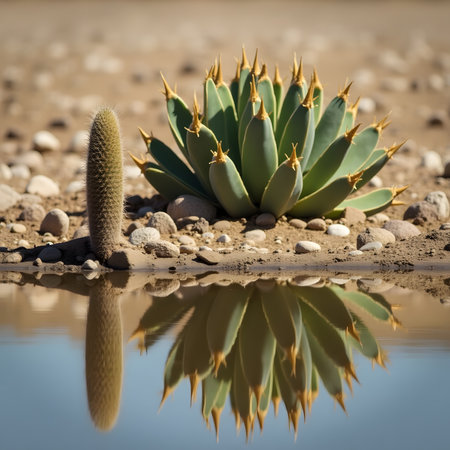 Cactus in the desert with reflection in the water. Selective focus.の素材