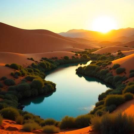 Sunset in the desert. 3D rendering. Computer digital drawing.の素材