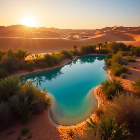 Beautiful lake in the middle of the desert with palm trees.の素材