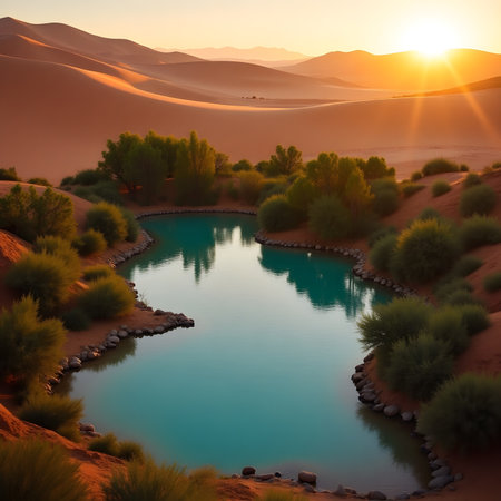 Beautiful lake in the desert at sunset. 3d rendering.の素材