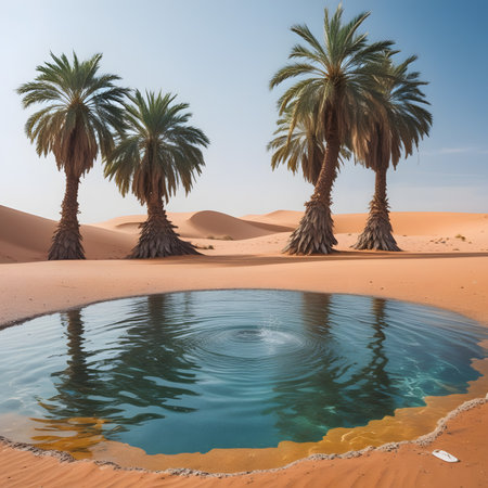 Palm trees in the desert with reflection in a pool of waterの素材