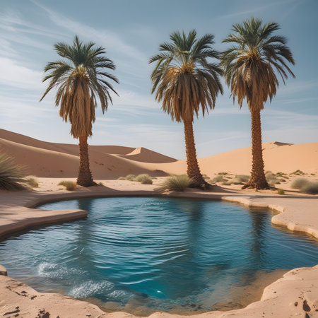 Oasis in the Sahara desert with palm trees and blue sky.の素材