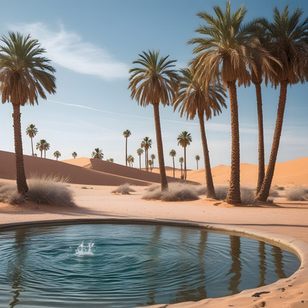 Oasis in the Sahara desert with palm trees and pool of waterの素材