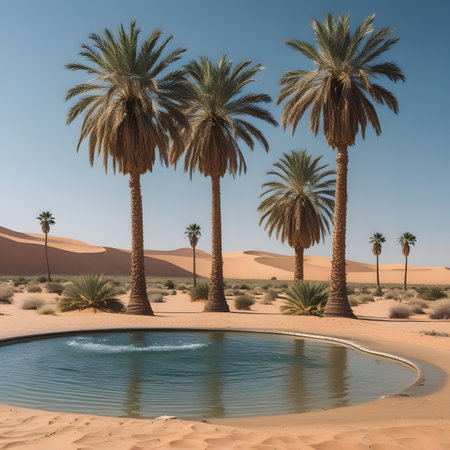 Oasis in the desert with palm trees. 3D rendering.の素材
