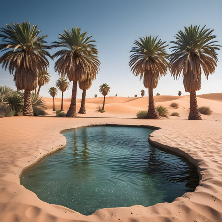 Oasis in the Sahara desert with palm trees and pool of waterの素材