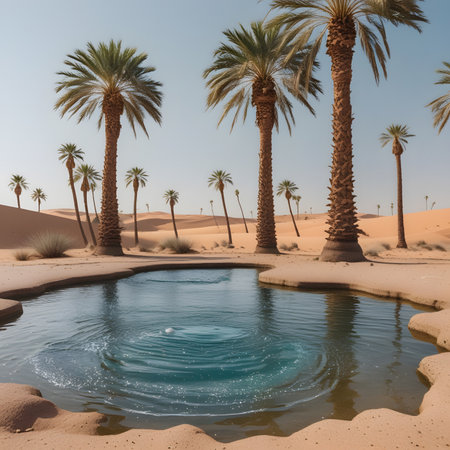 A small pool in the middle of the desert with palm trees.の素材