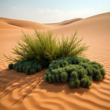 Desert landscape with grass and trees in the sand. 3d renderの素材