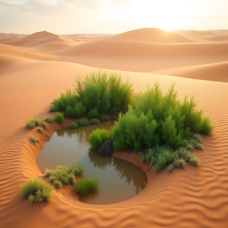 3d render of desert landscape with small pond in the middle.の素材
