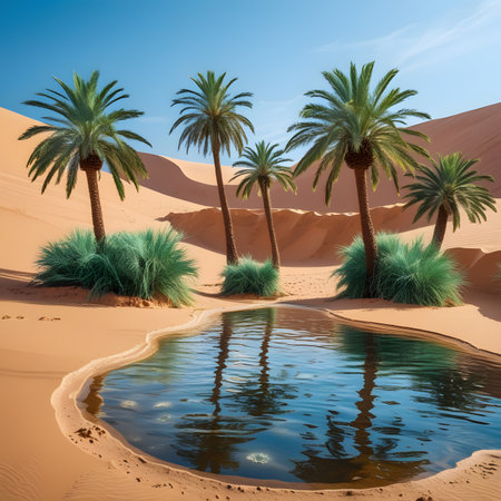 Desert landscape with palm trees and pond. 3d render.の素材
