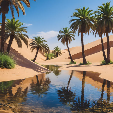 Oasis in the desert with palm trees and sand dunes.の素材