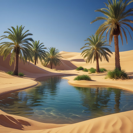 Oasis in the Sahara desert with palm trees. 3d renderingの素材