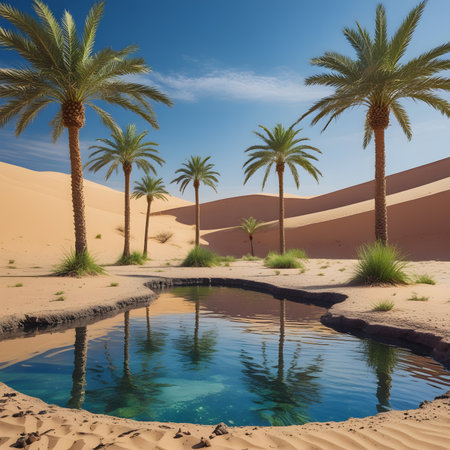 Beautiful landscape with palm trees in the desert. 3d renderingの素材