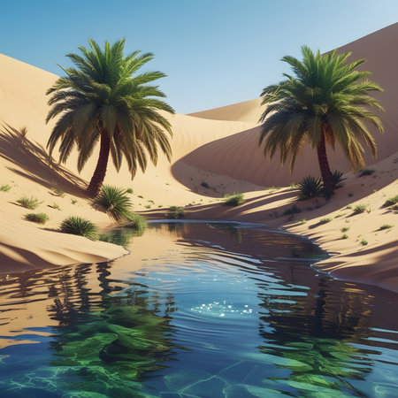 Oasis in the Sahara desert with palm trees reflected in the waterの素材