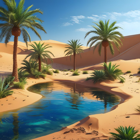 Oasis in the desert with palm trees and blue sky. 3d renderingの素材