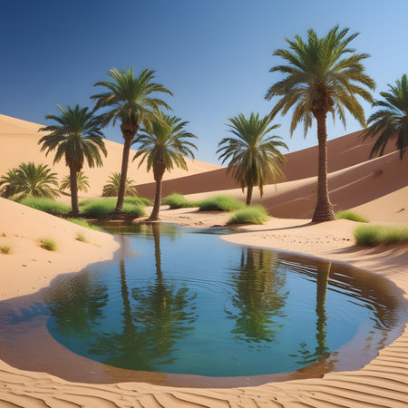 Oasis in the Sahara desert with palm trees and blue sky.の素材