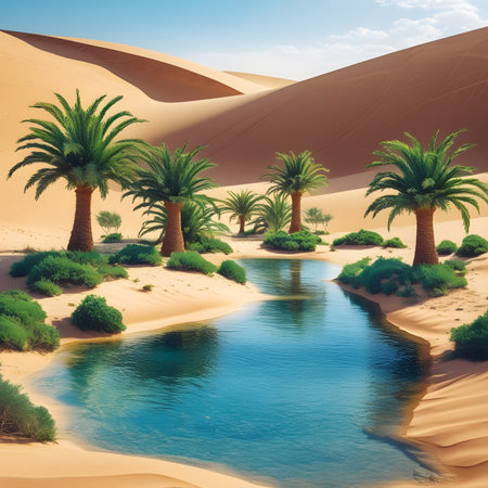 Desert landscape with palm trees and blue lake. 3d renderingの素材