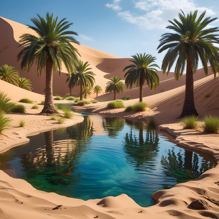 Palm trees in the desert. 3D illustration. Digital painting.の素材