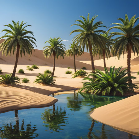 Desert landscape with palm trees and pond. 3d render.の素材