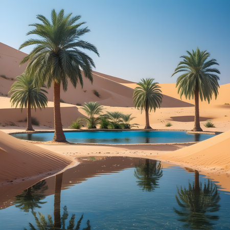 Oasis in the Sahara desert with palm trees and reflection in waterの素材