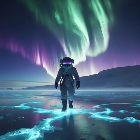 Astronaut in space against aurora borealis. 3d renderingの素材