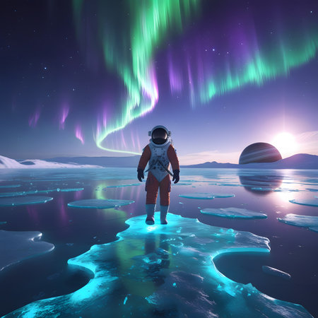 Astronaut in space with aurora borealis. 3D renderingの素材