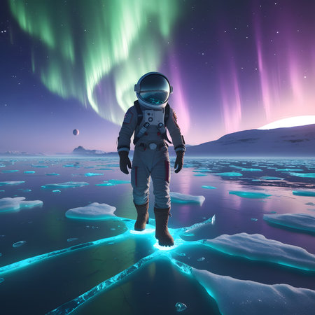 Astronaut in space with aurora borealis. 3D renderingの素材