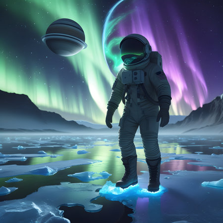 Astronaut in outer space with aurora borealis in the backgroundの素材