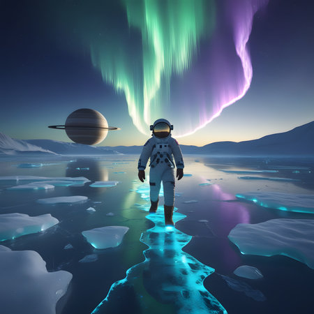 Astronaut in space with aurora borealis. 3D renderingの素材