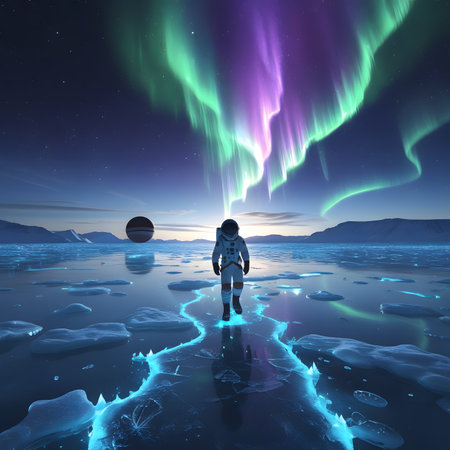 Aurora borealis and a man in space, 3d renderの素材