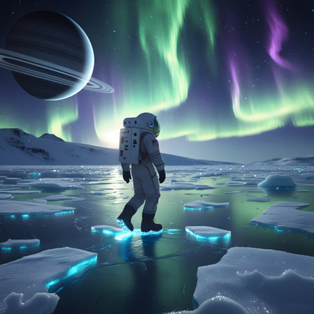 Astronaut in outer space with aurora borealis in the backgroundの素材