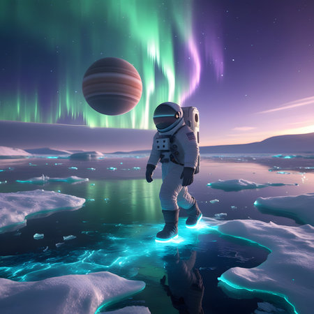 Astronaut on ice with aurora borealis. 3D renderingの素材