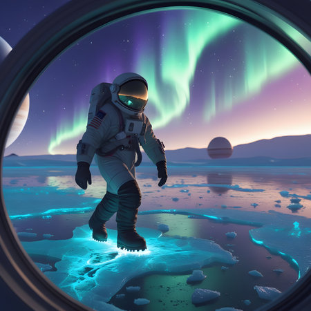 Astronaut and aurora borealis. 3D rendering.の素材