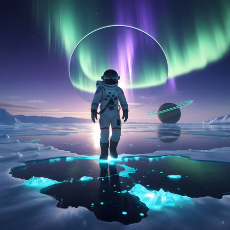 Astronaut in outer space with aurora borealis. 3D renderingの素材